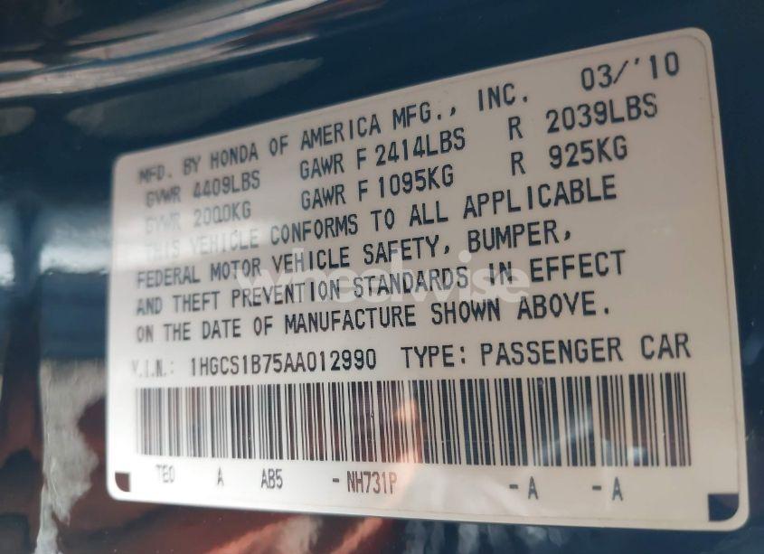 Photo 9 of 2010 Honda Accord 2.4 EX (VIN 1HGCS1B75AA012990)