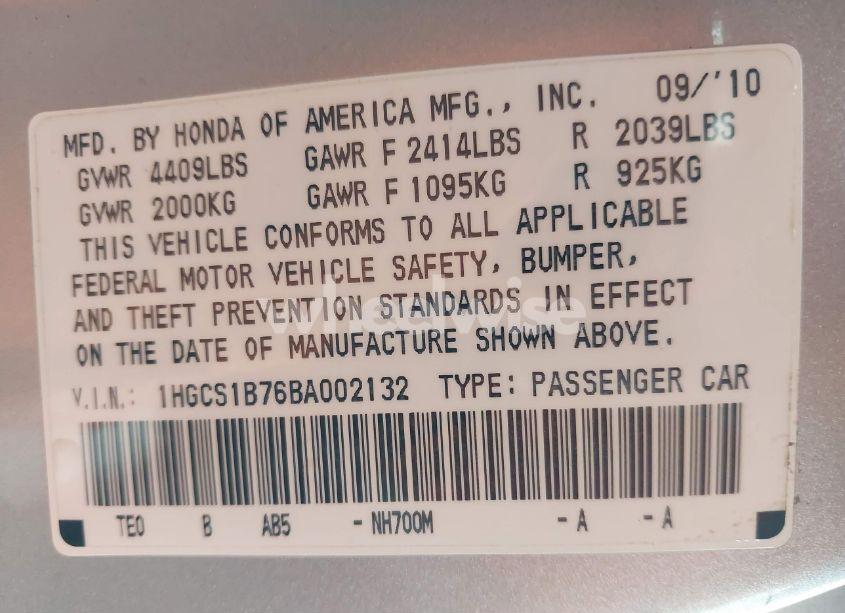 Photo 9 of 2011 Honda Accord 2.4 EX (VIN 1HGCS1B76BA002132)