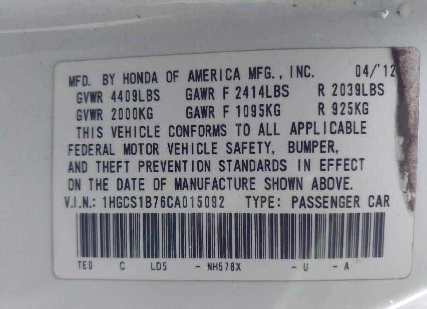 Photo 7 of 2012 Honda Accord 2.4 EX (VIN 1HGCS1B76CA015092)
