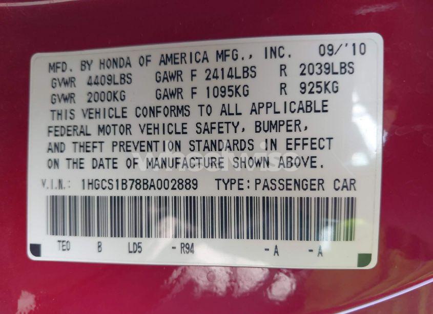 Photo 9 of 2011 Honda Accord 2.4 EX (VIN 1HGCS1B78BA002889)