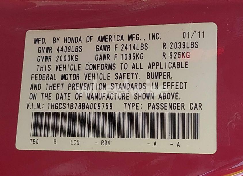 Photo 9 of 2011 Honda Accord 2.4 EX (VIN 1HGCS1B78BA009759)