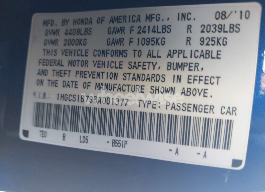 Photo 9 of 2011 Honda Accord 2.4 EX (VIN 1HGCS1B79BA001377)