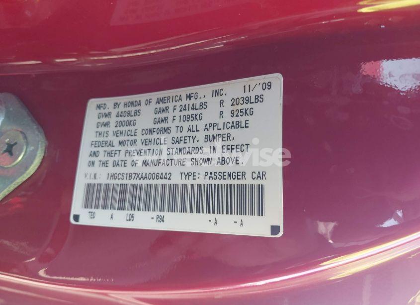 Photo 9 of 2010 Honda Accord 2.4 EX (VIN 1HGCS1B7XAA006442)