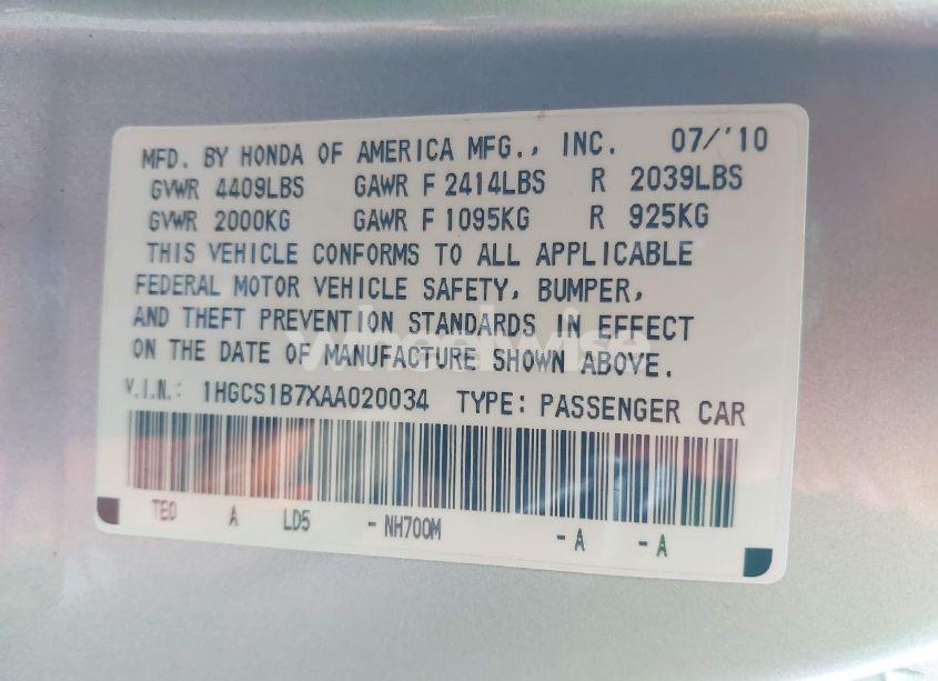 Photo 9 of 2010 Honda Accord 2.4 EX (VIN 1HGCS1B7XAA020034)