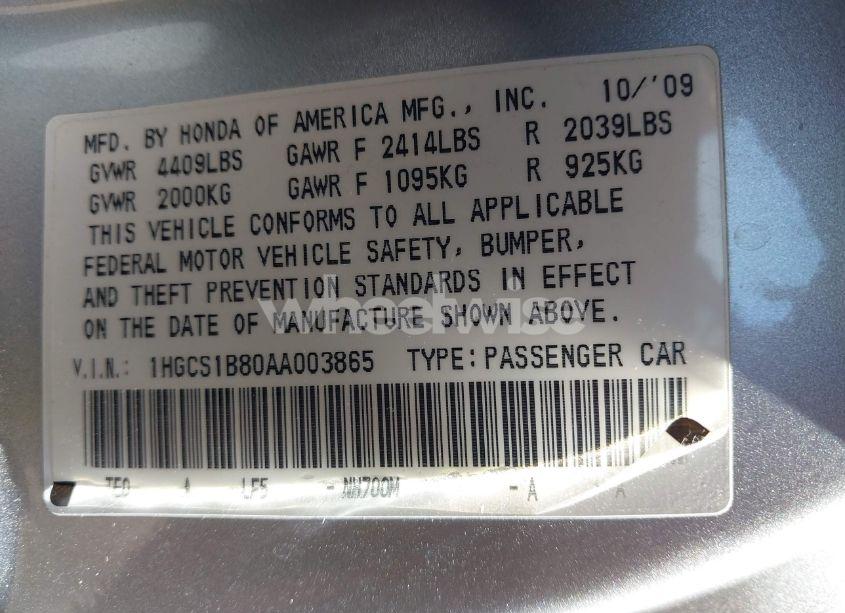 Photo 9 of 2010 Honda Accord 2.4 EX-L (VIN 1HGCS1B80AA003865)