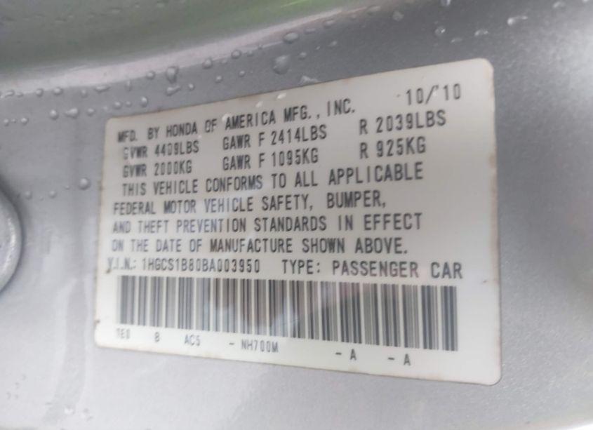 Photo 9 of 2011 Honda Accord 2.4 EX-L (VIN 1HGCS1B80BA003950)