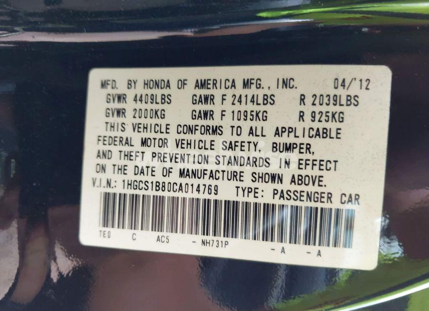 Photo 9 of 2012 Honda Accord 2.4 EX-L (VIN 1HGCS1B80CA014769)