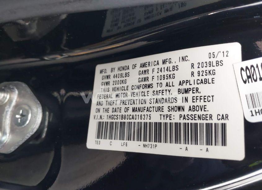Photo 9 of 2012 Honda Accord 2.4 EX-L (VIN 1HGCS1B80CA016375)