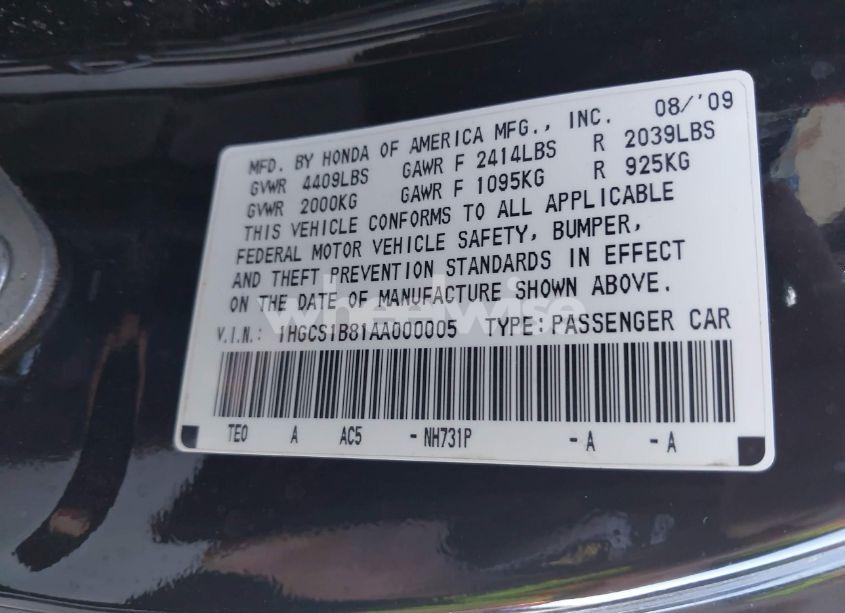 Photo 9 of 2010 Honda Accord 2.4 EX-L (VIN 1HGCS1B81AA000005)