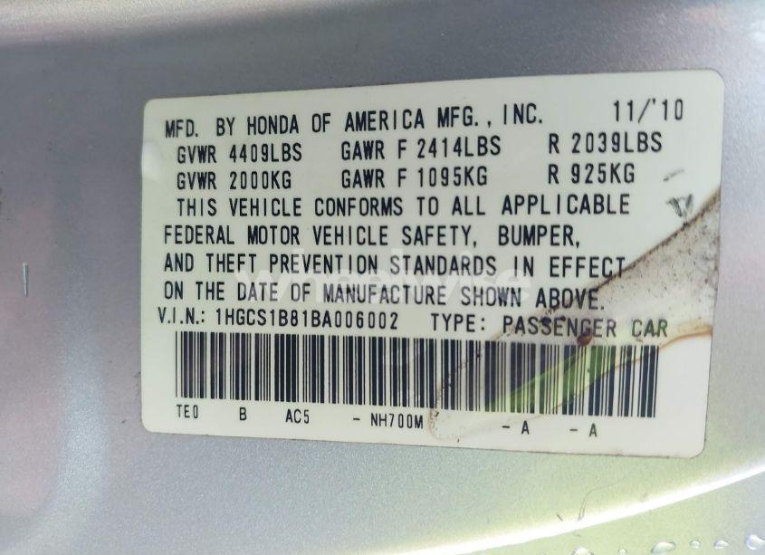 Photo 9 of 2011 Honda Accord 2.4 EX-L (VIN 1HGCS1B81BA006002)