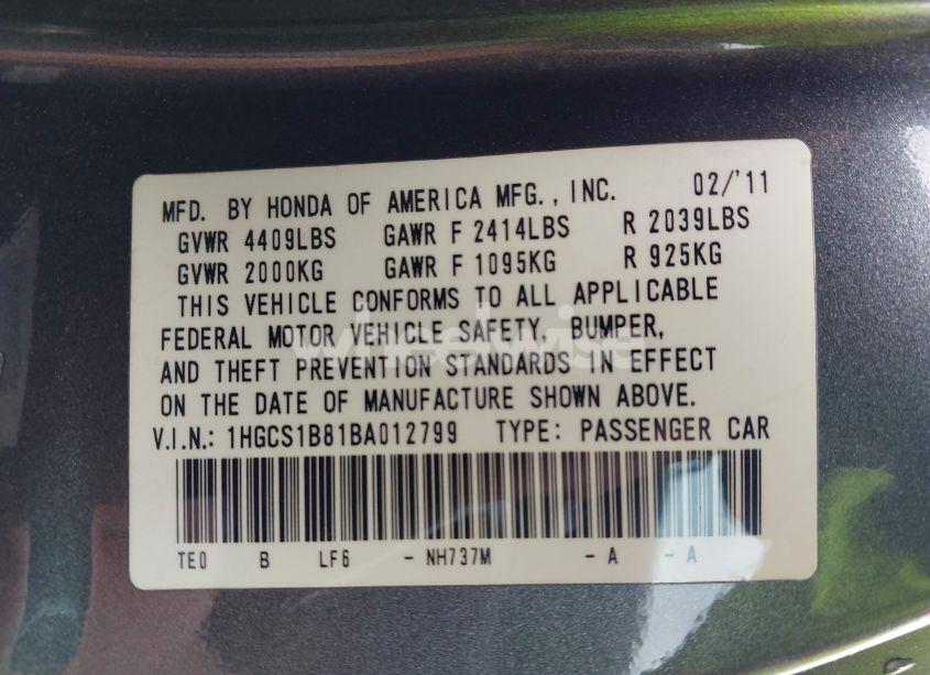 Photo 9 of 2011 Honda Accord 2.4 EX-L (VIN 1HGCS1B81BA012799)