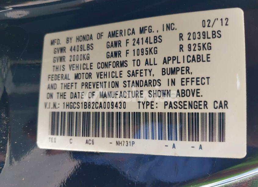 Photo 9 of 2012 Honda Accord 2.4 EX-L (VIN 1HGCS1B82CA009430)