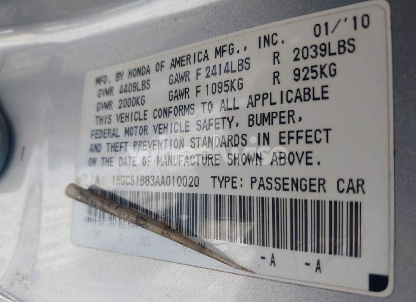 Photo 9 of 2010 Honda Accord 2.4 EX-L (VIN 1HGCS1B83AA010020)