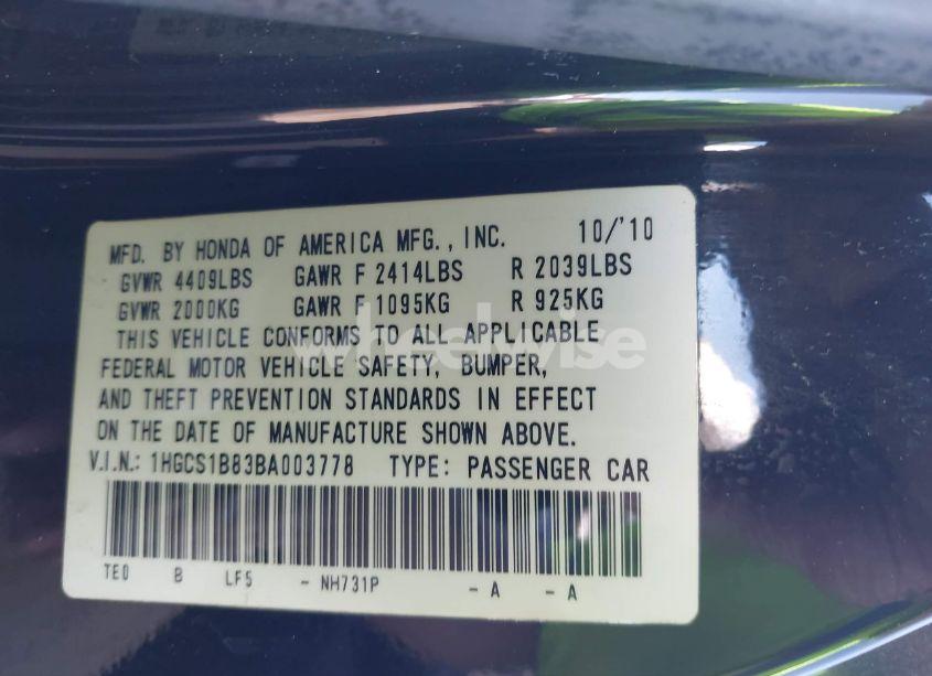 Photo 9 of 2011 Honda Accord 2.4 EX-L (VIN 1HGCS1B83BA003778)