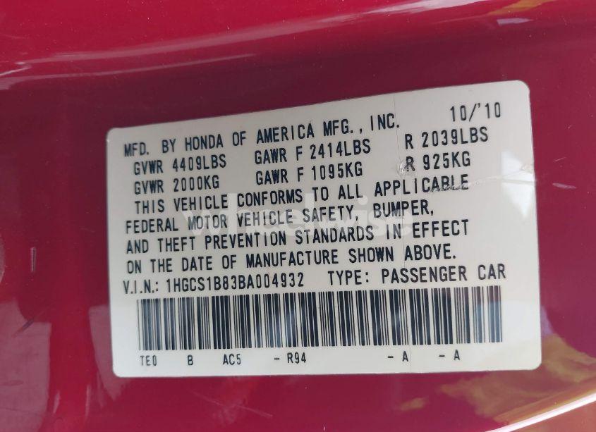 Photo 9 of 2011 Honda Accord 2.4 EX-L (VIN 1HGCS1B83BA004932)