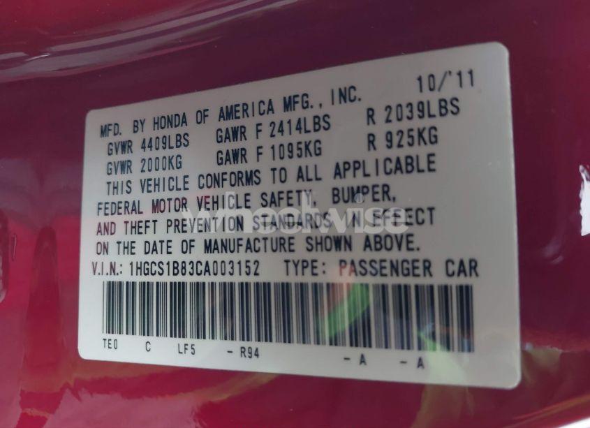 Photo 9 of 2012 Honda Accord 2.4 EX-L (VIN 1HGCS1B83CA003152)