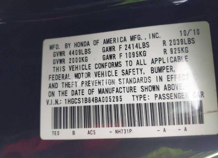 Photo 9 of 2011 Honda Accord 2.4 EX-L (VIN 1HGCS1B84BA005295)