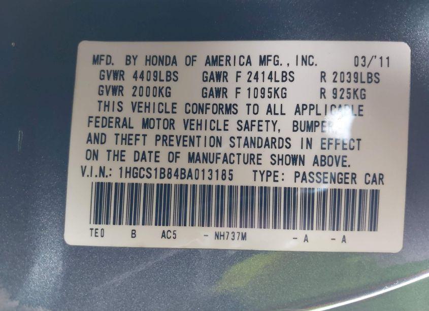 Photo 9 of 2011 Honda Accord 2.4 EX-L (VIN 1HGCS1B84BA013185)
