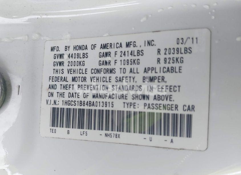 Photo 9 of 2011 Honda Accord 2.4 EX-L (VIN 1HGCS1B84BA013915)