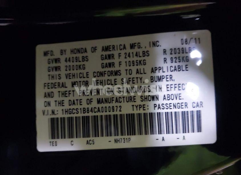 Photo 9 of 2012 Honda Accord CPE 2.4 EX-L/EX-L (VIN 1HGCS1B84CA000972)