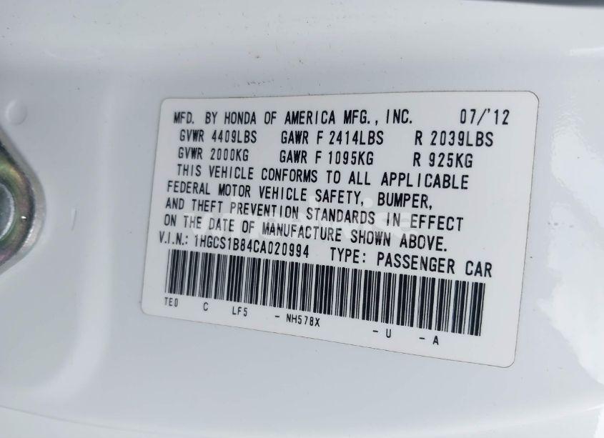 Photo 9 of 2012 Honda Accord CPE 2.4 EX-L/EX-L (VIN 1HGCS1B84CA020994)