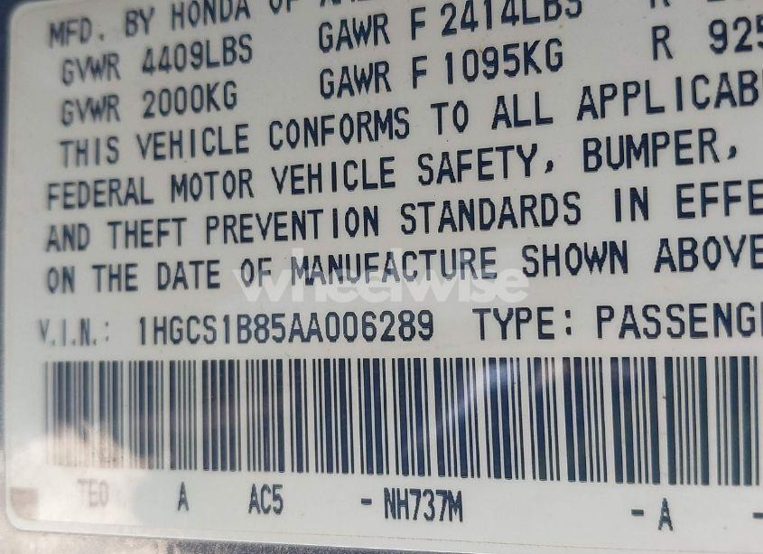 Photo 9 of 2010 Honda Accord 2.4 EX-L (VIN 1HGCS1B85AA006289)