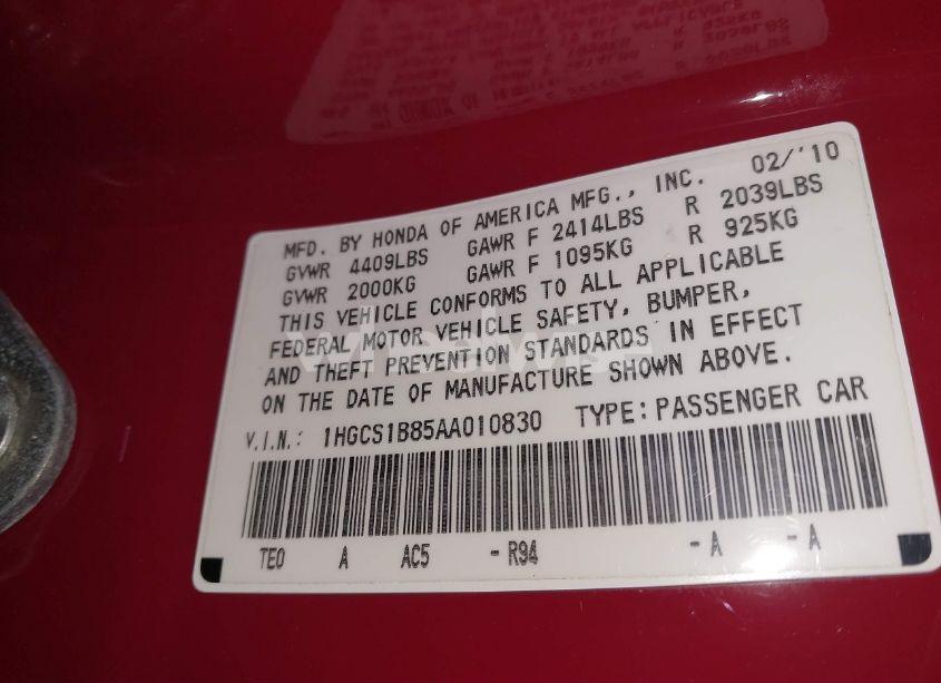 Photo 9 of 2010 Honda Accord 2.4 EX-L (VIN 1HGCS1B85AA010830)