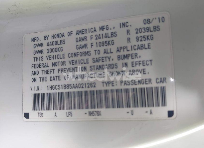 Photo 9 of 2010 Honda Accord 2.4 EX-L (VIN 1HGCS1B85AA021262)