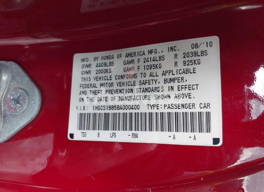 Photo 9 of 2011 Honda Accord 2.4 EX-L (VIN 1HGCS1B85BA000400)