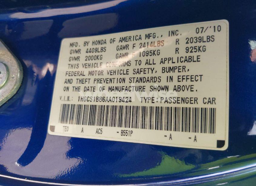 Photo 9 of 2010 Honda Accord 2.4 EX-L (VIN 1HGCS1B86AA019424)