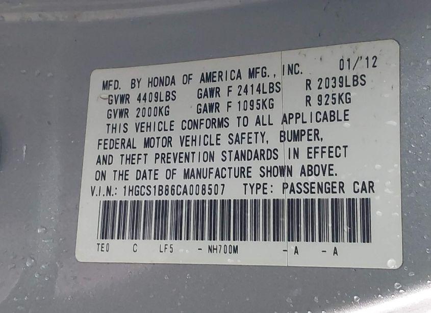 Photo 9 of 2012 Honda Accord 2.4 EX-L (VIN 1HGCS1B86CA008507)
