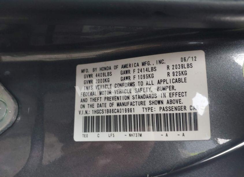 Photo 9 of 2012 Honda Accord 2.4 EX-L (VIN 1HGCS1B86CA019961)