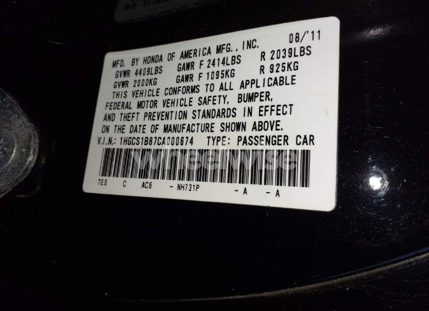 Photo 9 of 2012 Honda Accord 2.4 EX-L (VIN 1HGCS1B87CA000674)