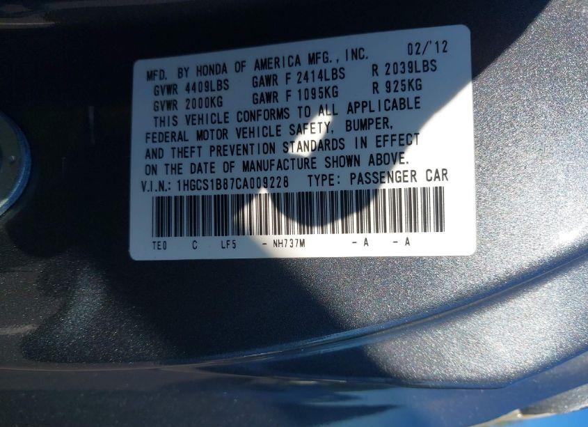 Photo 9 of 2012 Honda Accord 2.4 EX-L (VIN 1HGCS1B87CA009228)