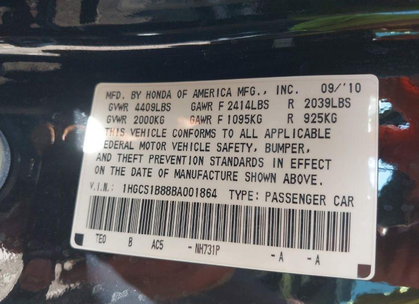 Photo 9 of 2011 Honda Accord 2.4 EX-L (VIN 1HGCS1B88BA001864)