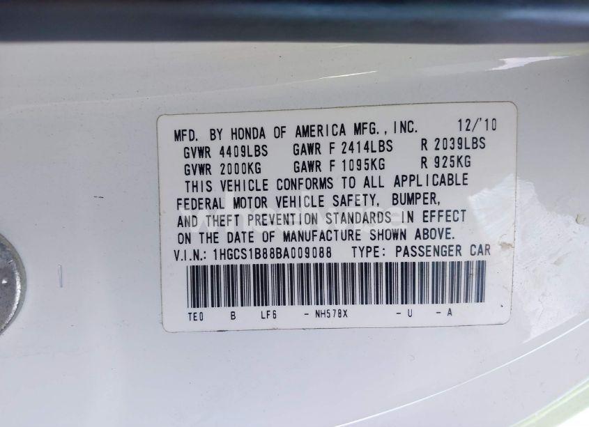 Photo 9 of 2011 Honda Accord 2.4 EX-L (VIN 1HGCS1B88BA009088)