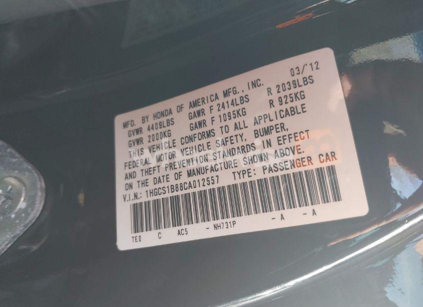 Photo 9 of 2012 Honda Accord CPE 2.4 EX-L/EX-L (VIN 1HGCS1B88CA012557)