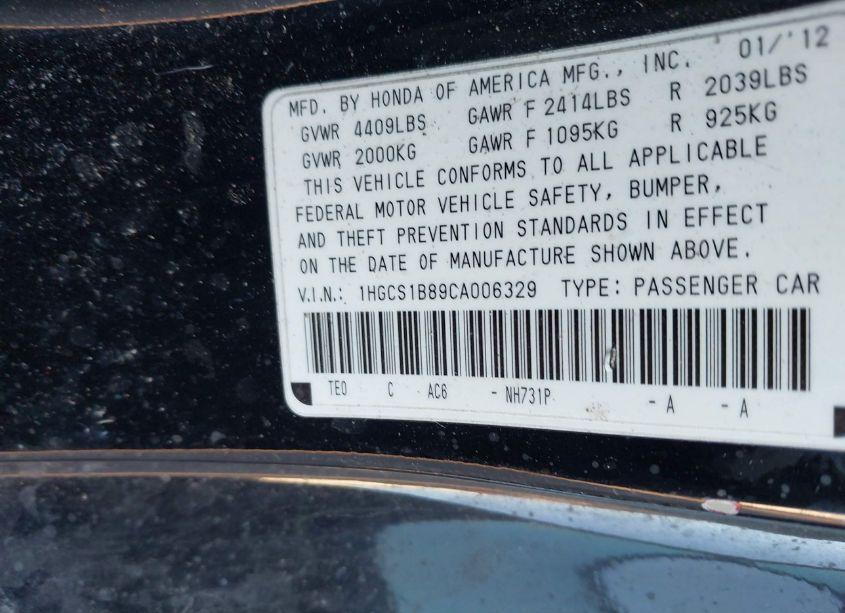 Photo 9 of 2012 Honda Accord 2.4 EX-L (VIN 1HGCS1B89CA006329)