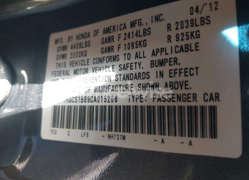 Photo 9 of 2012 Honda Accord CPE 2.4 EX-L/EX-L (VIN 1HGCS1B89CA015208)