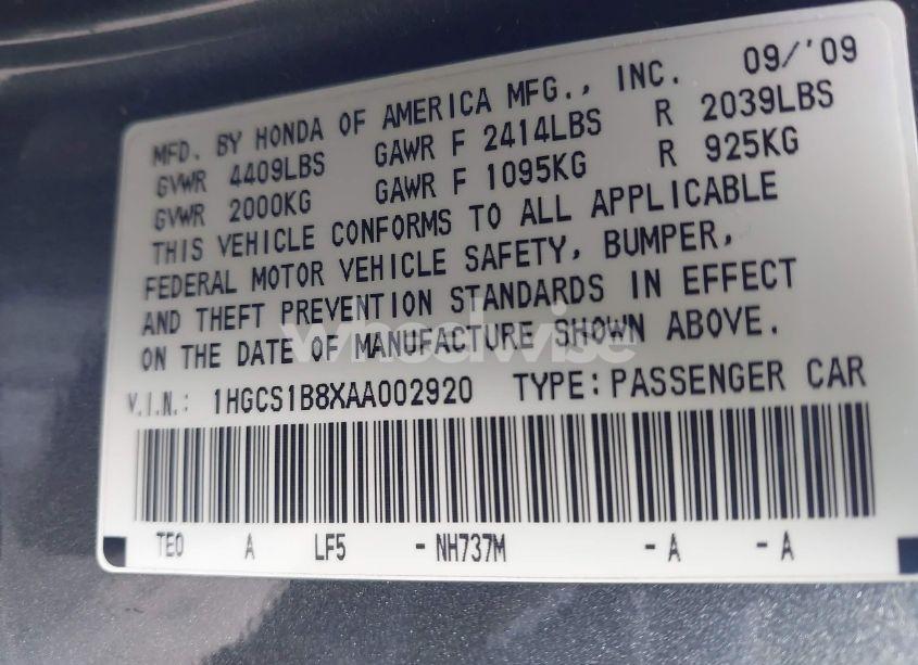 Photo 9 of 2010 Honda Accord 2.4 EX-L (VIN 1HGCS1B8XAA002920)