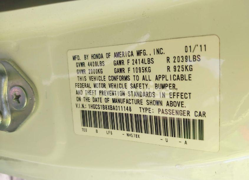 Photo 9 of 2011 Honda Accord 2.4 EX-L (VIN 1HGCS1B8XBA011148)