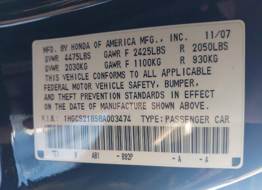 Photo 9 of 2008 Honda Accord 3.5 EX-L (VIN 1HGCS21858A003474)