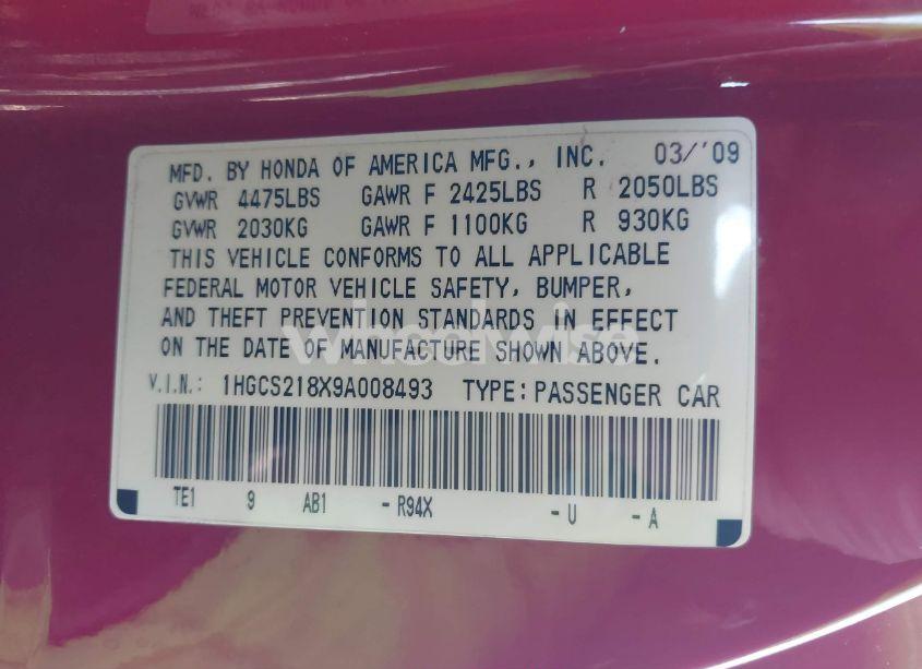 Photo 9 of 2009 Honda Accord 3.5 EX-L (VIN 1HGCS218X9A008493)