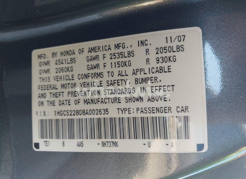 Photo 9 of 2008 Honda Accord 3.5 EX-L (VIN 1HGCS22808A002635)