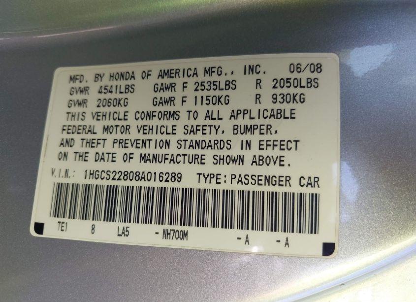 Photo 9 of 2008 Honda Accord 3.5 EX-L (VIN 1HGCS22808A016289)