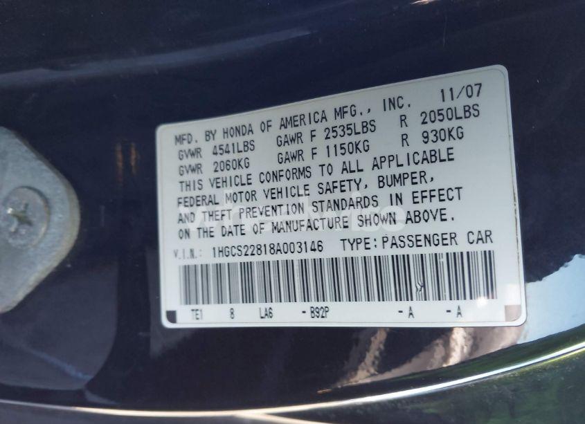 Photo 9 of 2008 Honda Accord 3.5 EX-L (VIN 1HGCS22818A003146)
