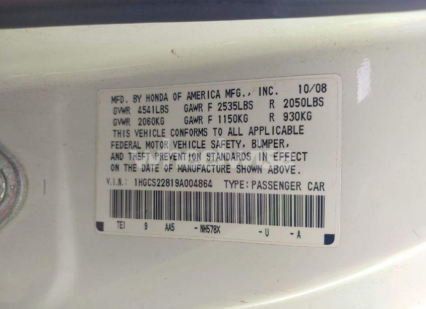 Photo 9 of 2009 Honda Accord 3.5 EX-L (VIN 1HGCS22819A004864)
