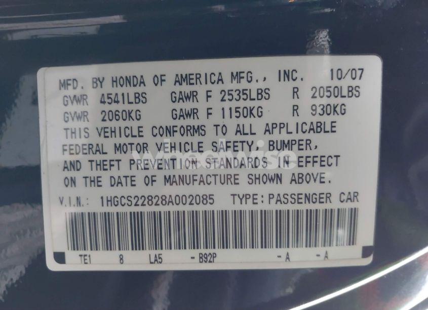 Photo 9 of 2008 Honda Accord 3.5 EX-L (VIN 1HGCS22828A002085)