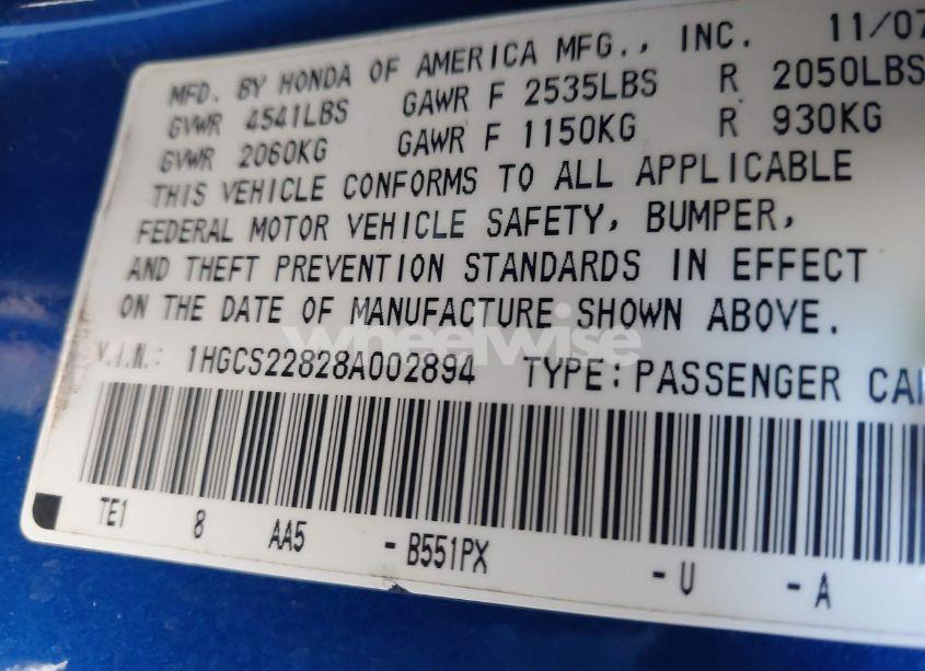 Photo 9 of 2008 Honda Accord 3.5 EX-L (VIN 1HGCS22828A002894)