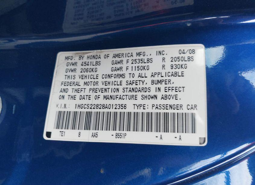 Photo 9 of 2008 Honda Accord 3.5 EX-L (VIN 1HGCS22828A012356)